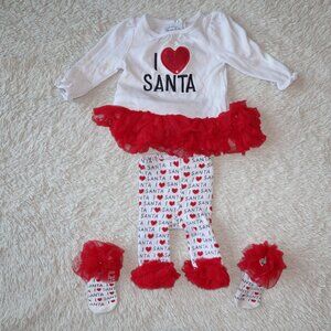 Girls Size 0-6 Months Mud Pie I Love Santa Outfit Set of Shirt, Tights, Socks